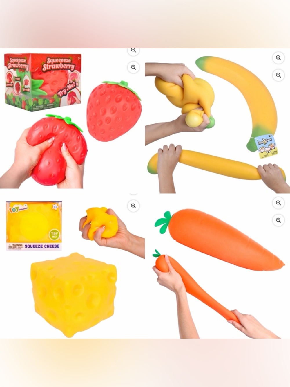Lot of 4 Viral Food Squishy’s - Strawberry, Carrot, Banana, Cheese